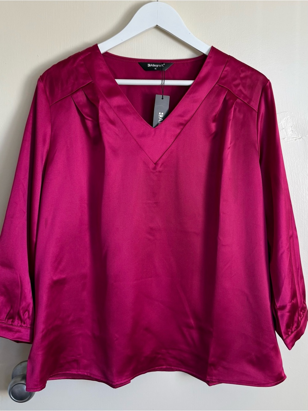 Allegra K Women's Magenta Satin V-Neck Blouse Size XL